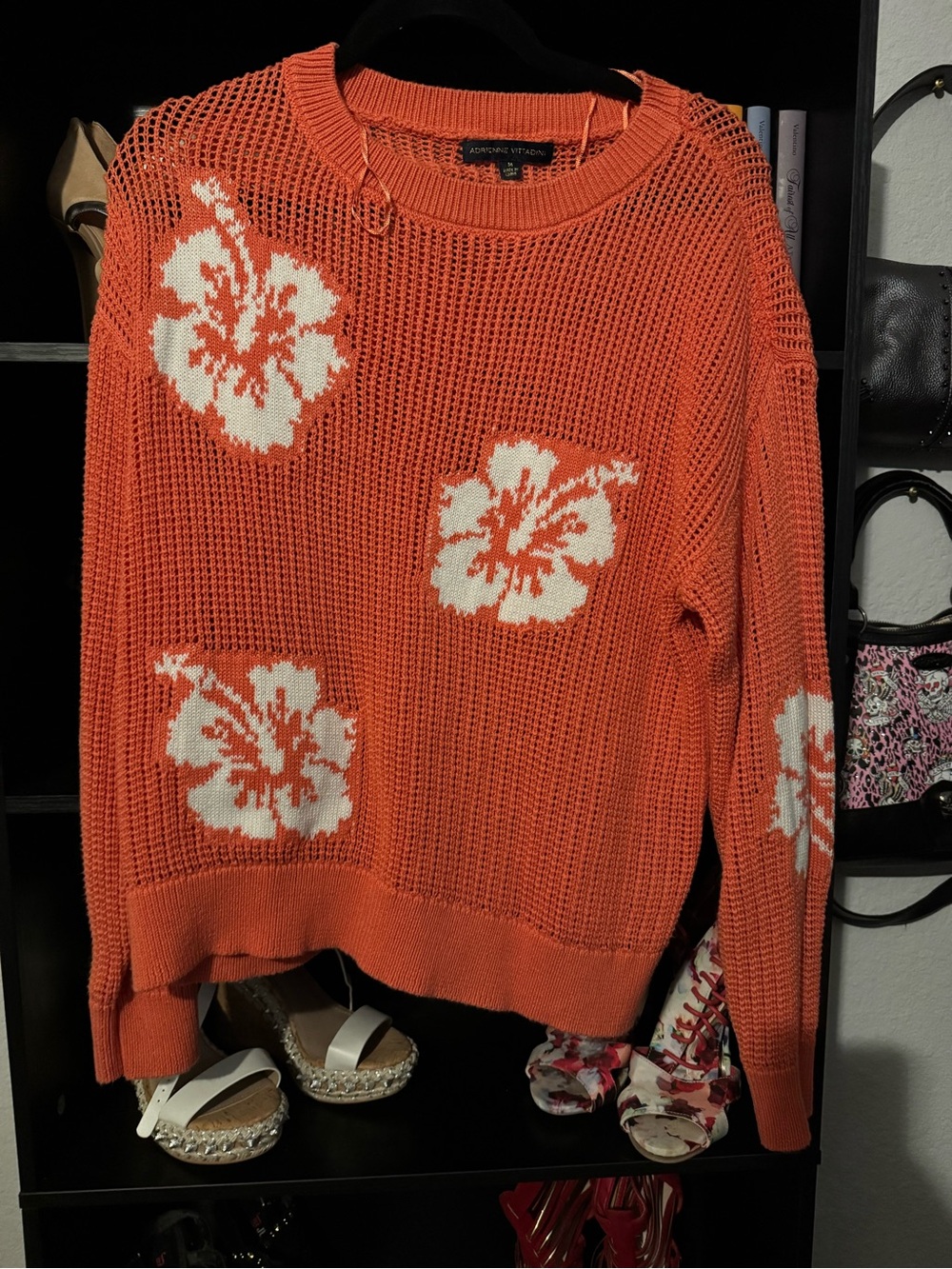 Adrienne Vittadini Orange Crochet Sweater with White Floral Motif